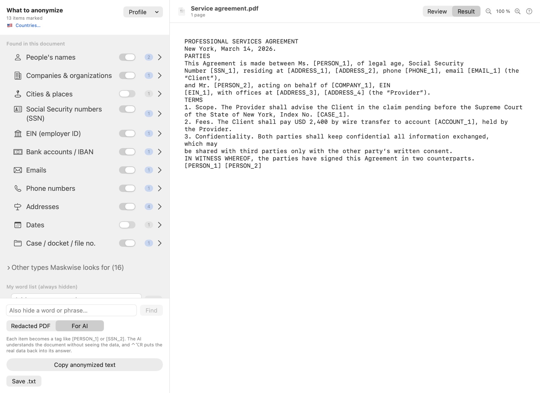 Maskwise For AI view: the contract text with tags like [PERSON_1]