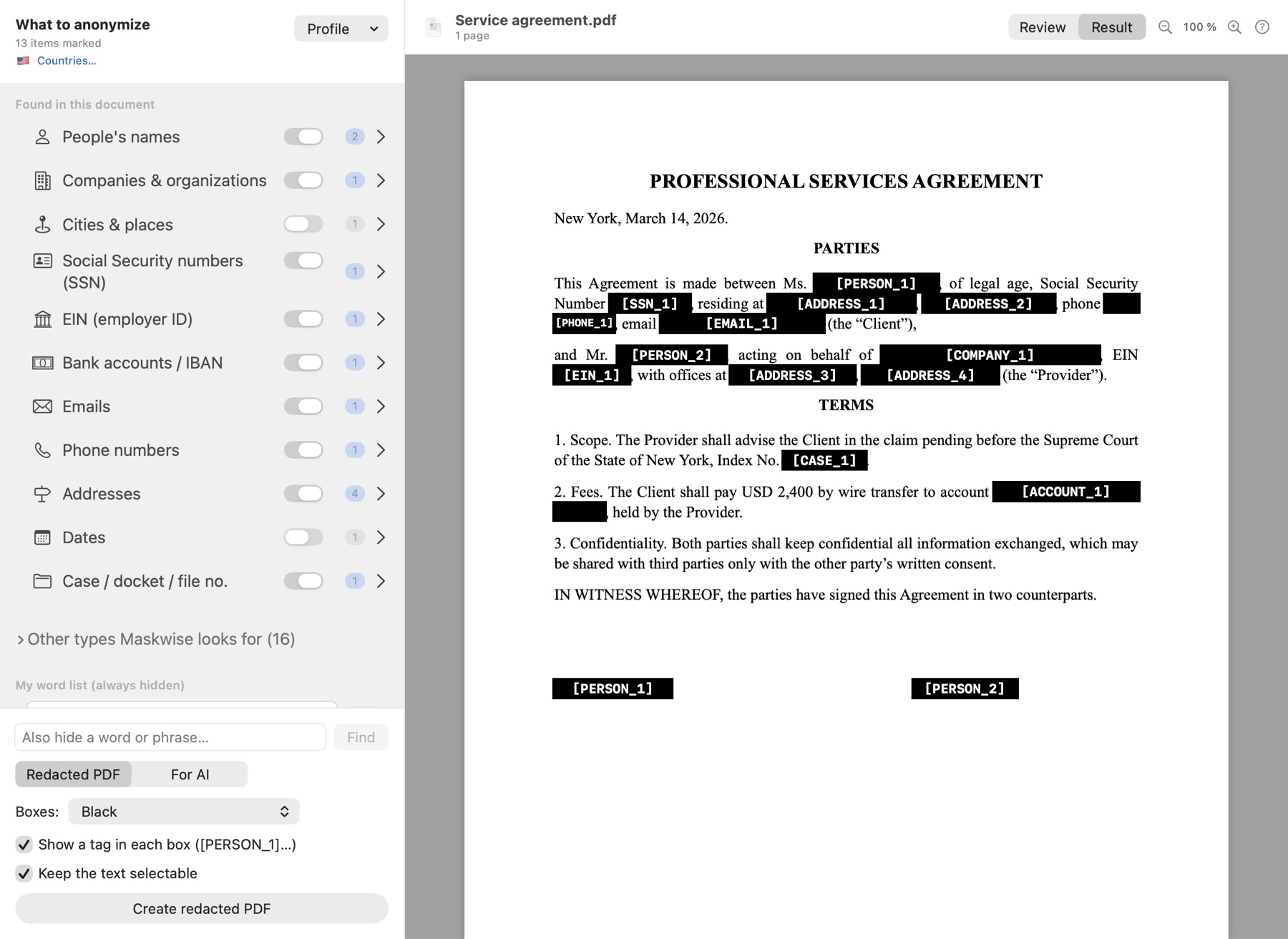 Maskwise redacted PDF: the contract with data blacked out and tagged