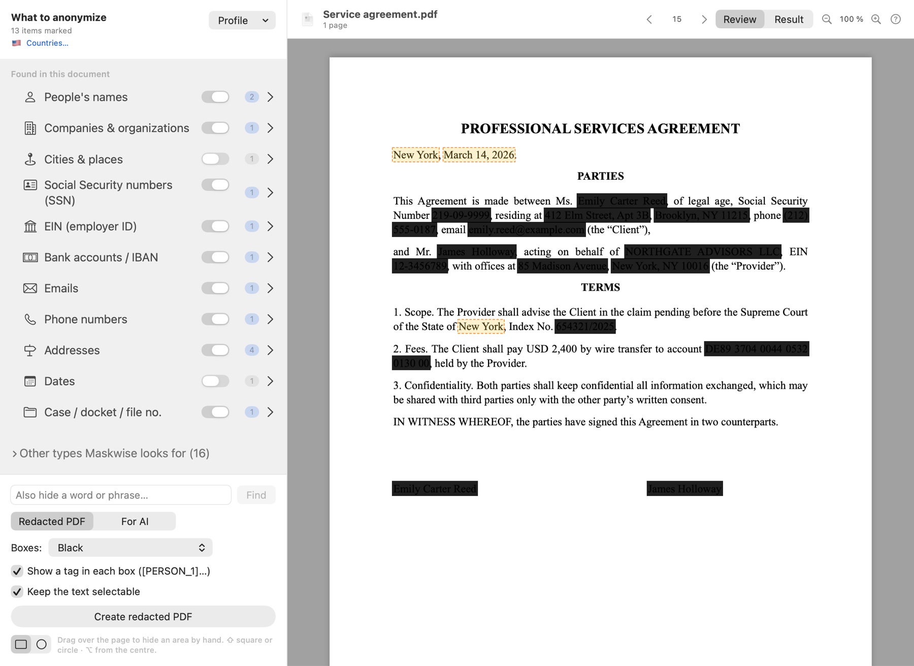 Maskwise in Review mode: sidebar with the kinds of data found and the contract with the data marked