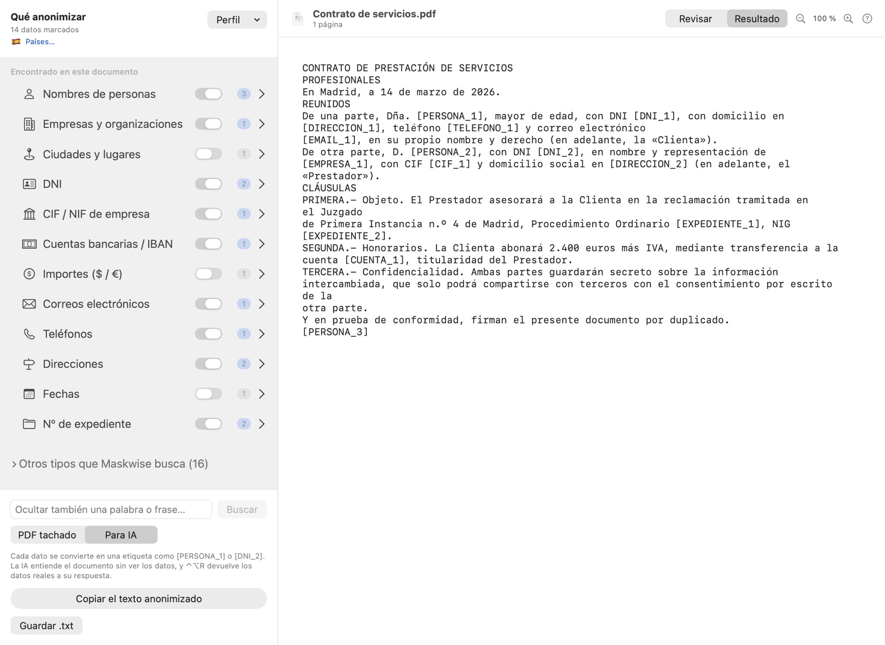 Maskwise en modo Para IA: el texto del contrato con etiquetas como [PERSONA_1]