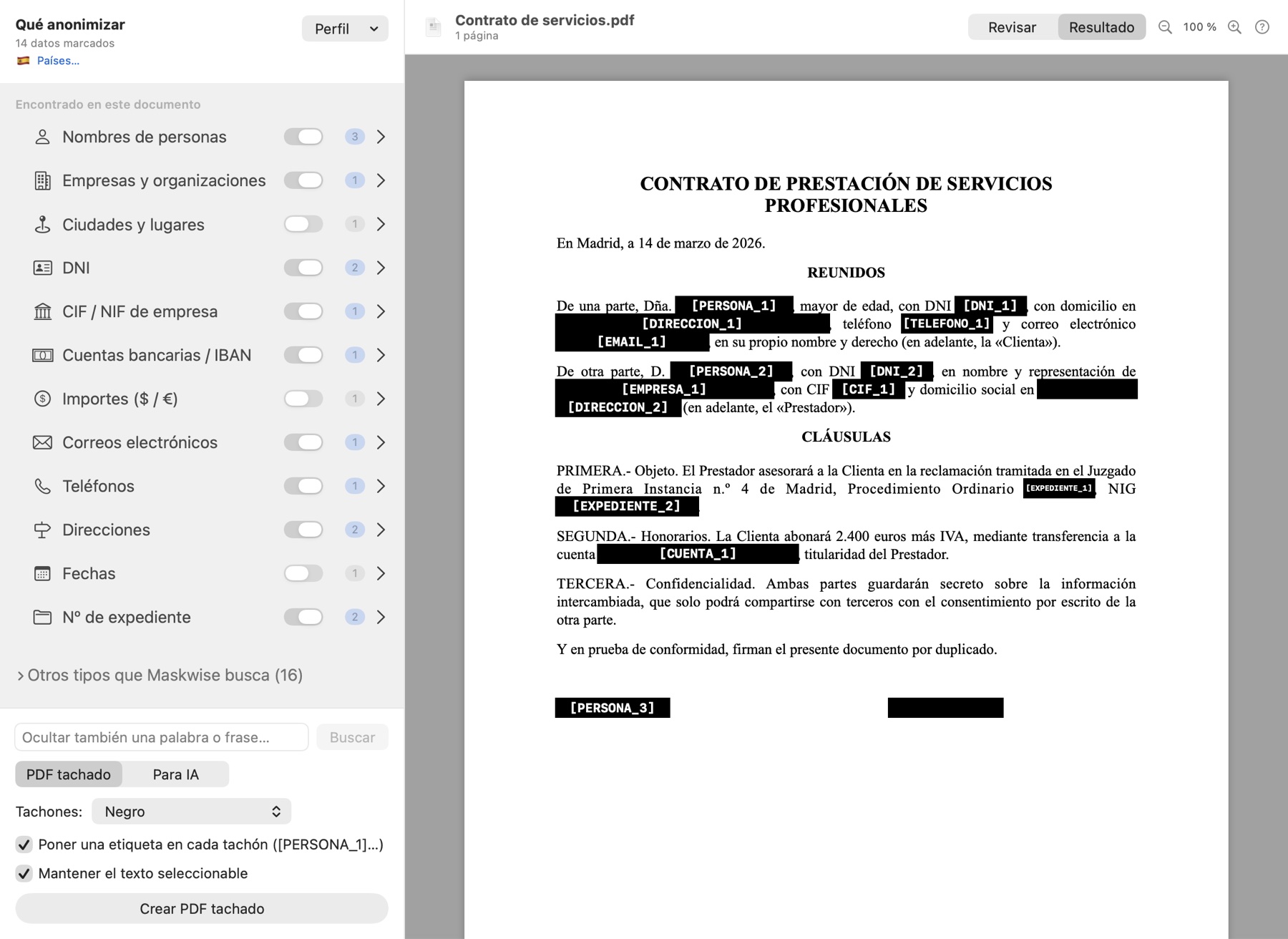 Maskwise en modo PDF tachado: el contrato con los datos tapados en negro y etiquetados