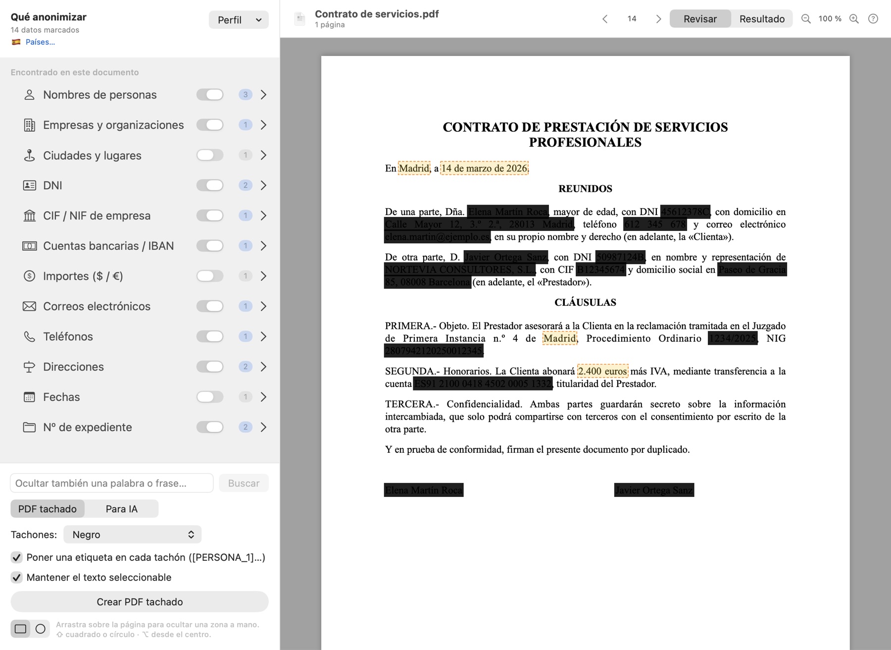 Maskwise en modo Revisar: barra lateral con los tipos de datos encontrados y el contrato con los datos marcados