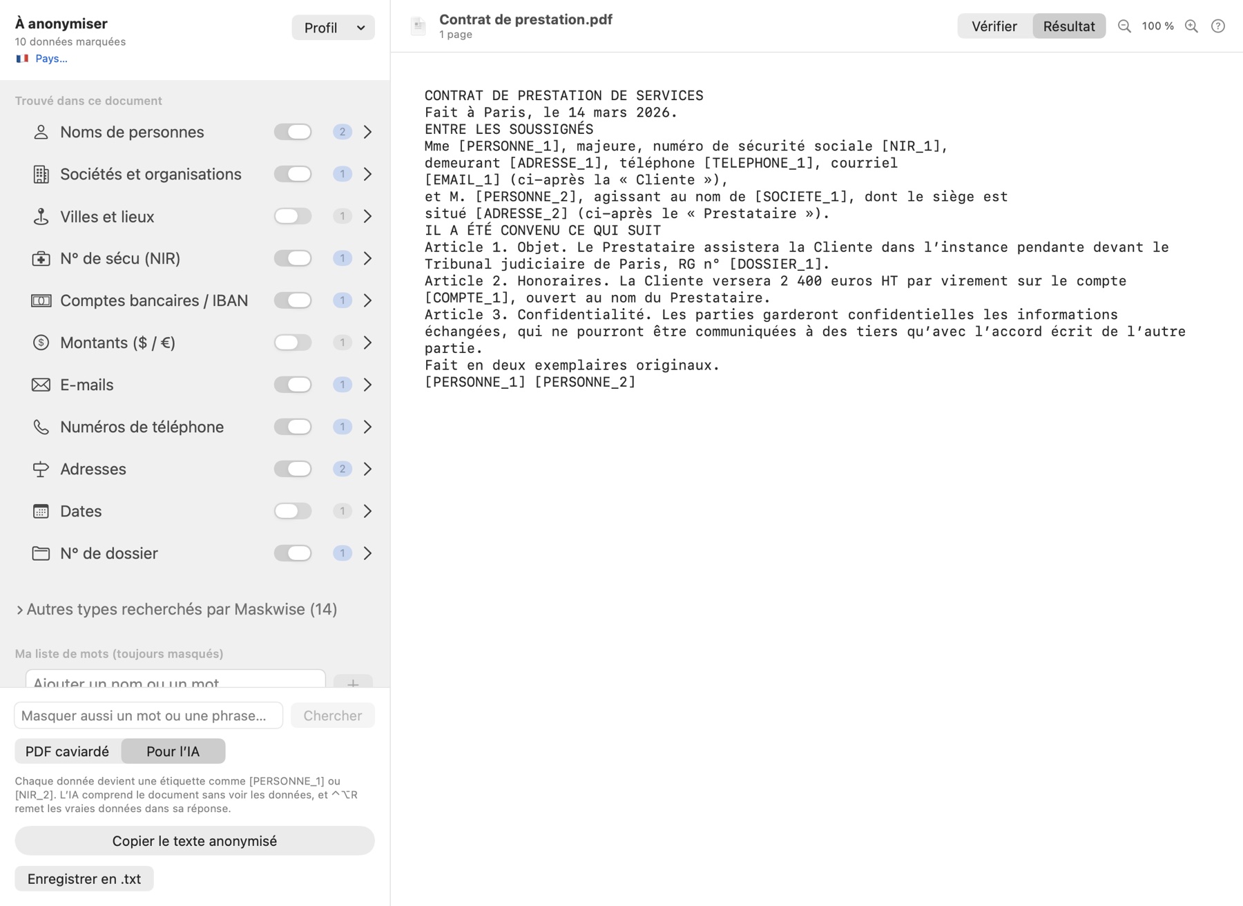 Vue Pour l’IA : le texte du contrat avec des étiquettes comme [PERSONNE_1]
