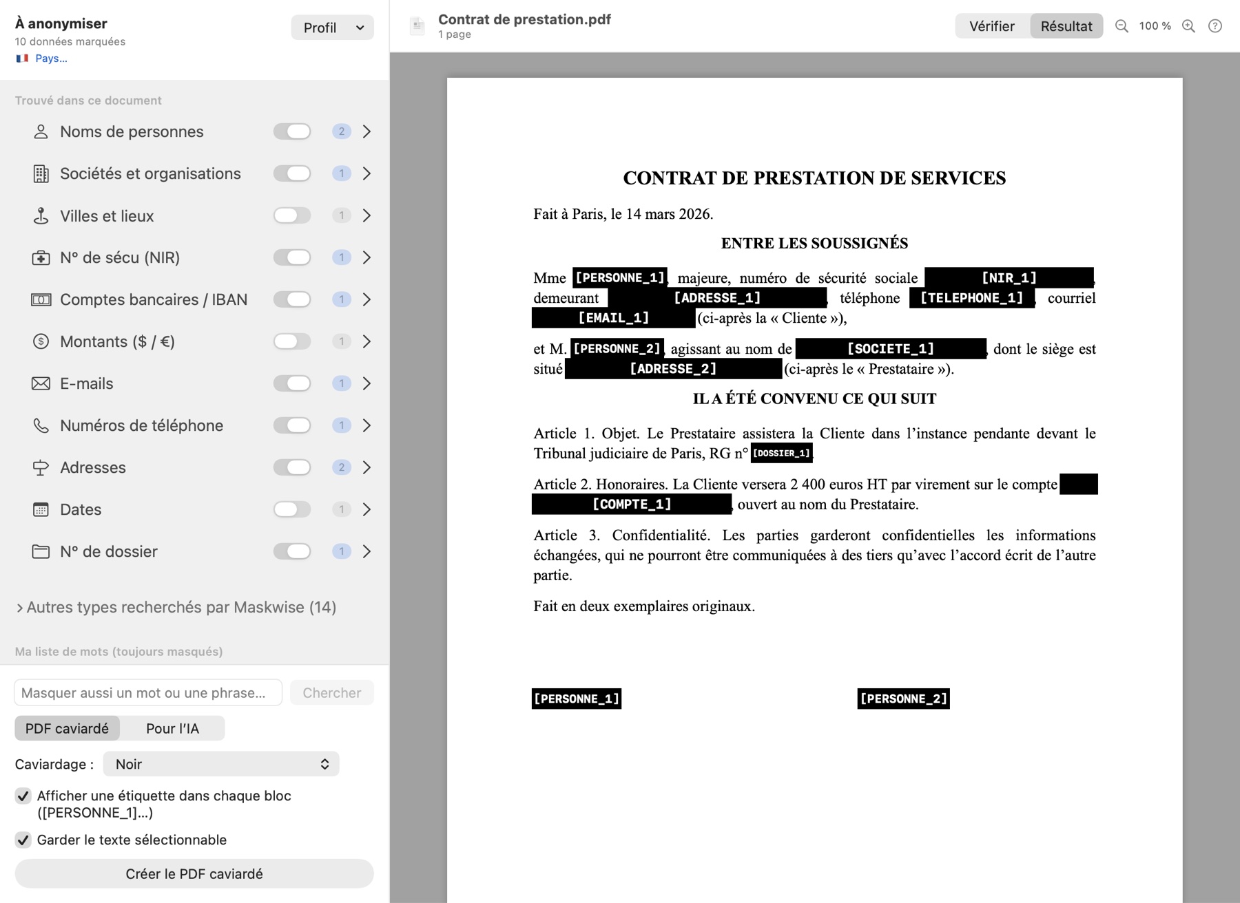 PDF caviardé par Maskwise : le contrat avec les données noircies et étiquetées