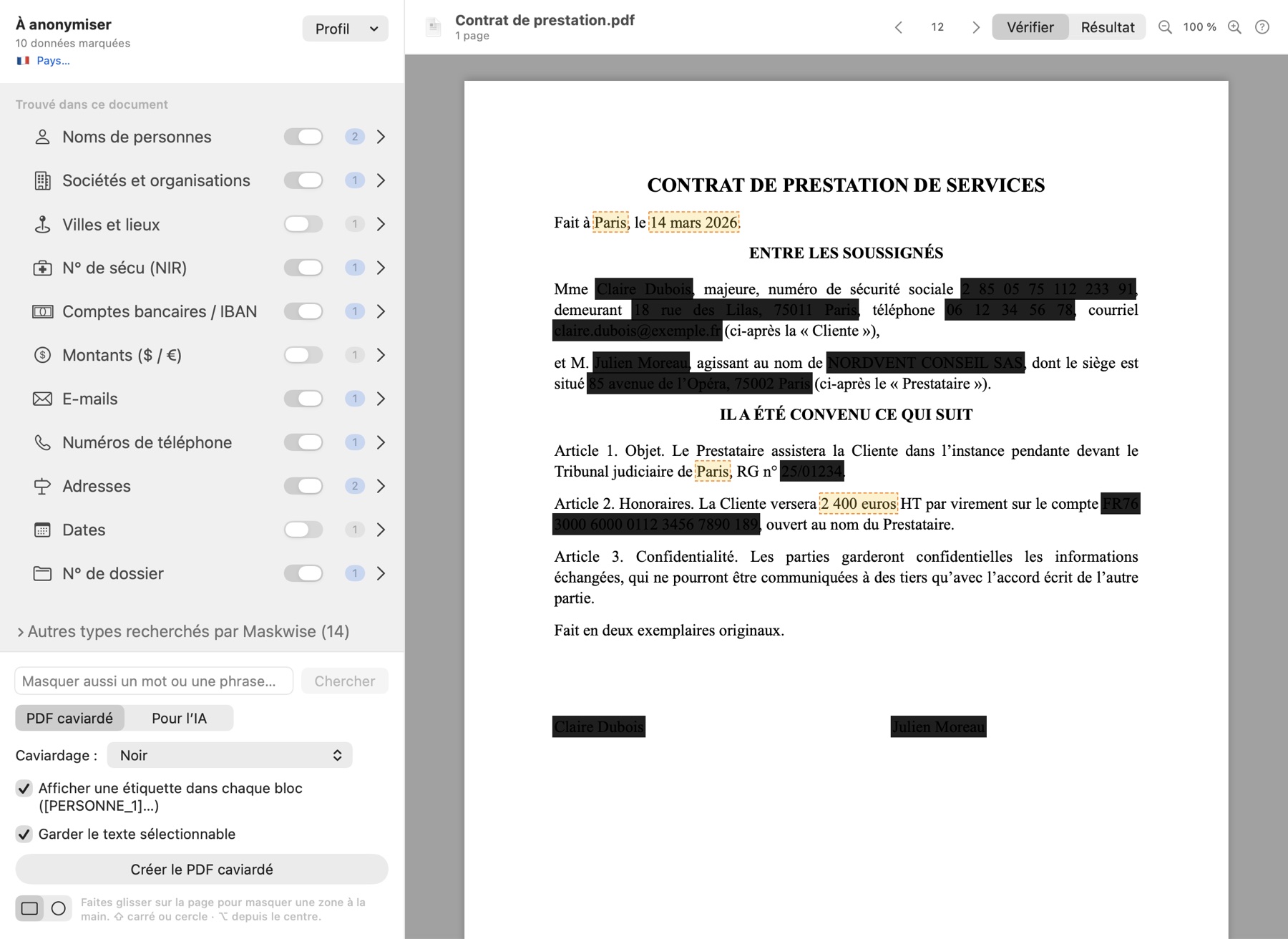 Maskwise en mode Vérifier : les types de données trouvés et le contrat avec les données marquées