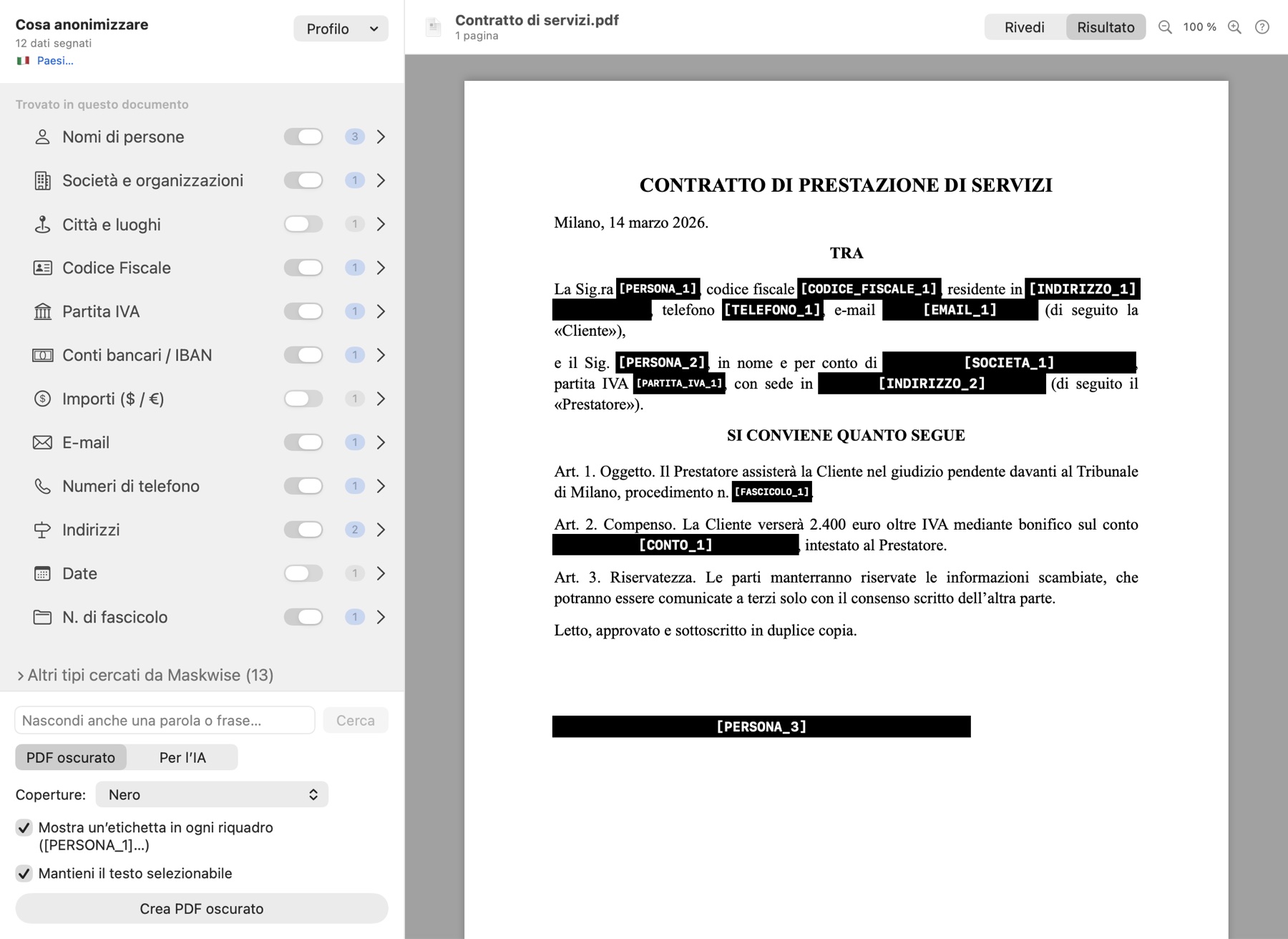 PDF oscurato da Maskwise: il contratto con i dati coperti ed etichettati